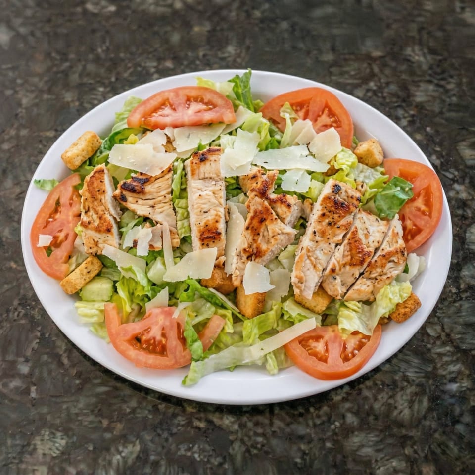 Grilled chicken Caesar salad with romaine, tomatoes, croutons, and parmesan cheese on a white plate.