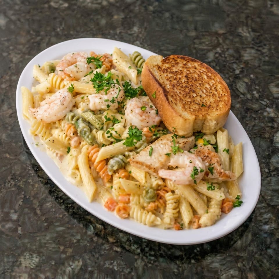 Creamy pasta with shrimp, chicken, and vegetables, garnished with parsley and served with garlic bread.